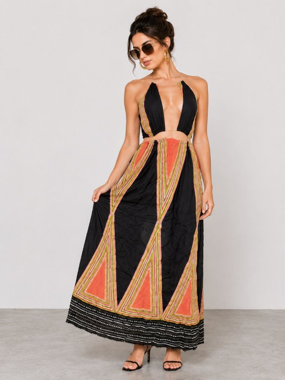 Black Coral Boho Maxi Dress Cutout Geometric Print NWT